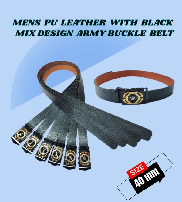 MENS PU LEATHER  WITH BLACK MIX DESIGN ARMY BUCKLE BELT  - FREE, 6