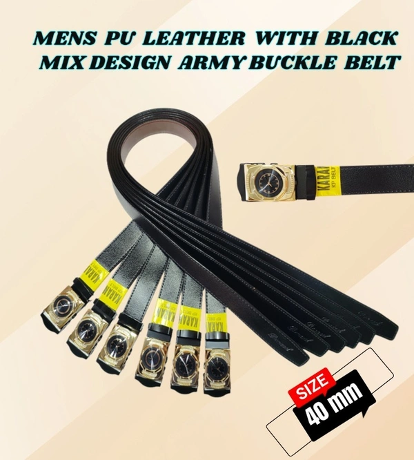 MENS PU LEATHER  WITH BLACK  MIX DESIGN ARMY BUCKLE BELT  - FREE, 6