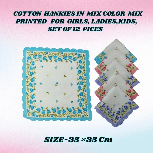COTTON HANKIES MIX COLOR MIX PRINTED FOR GIRLS,LADIES,KIDS SET OF 12 PCS  SIZE-35 *35Cm - 35*35, 12