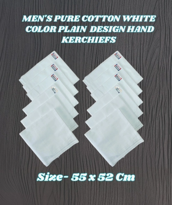 MENS PURE COTTON WHITE COLOR PLAIN DESIGN HAND KERCHIEFS - FREE, 12