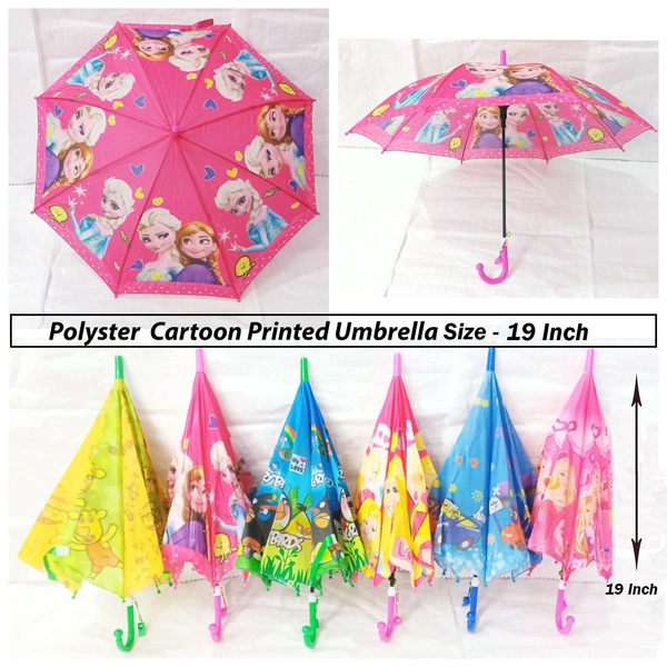 POLYSTER MULTI CARTOON PRINTED MIX COLOR   KIDS UMBRELLA SIZE 19 INCHES  - FREE, 6