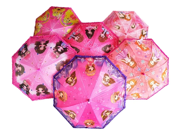 SINGLE FOLD FRILL DISIGN MIX COLOR  CARTOON PRINTED AUTO OPEN KIDS UMBRELLA SIZE-19 INCH - FREE, 6