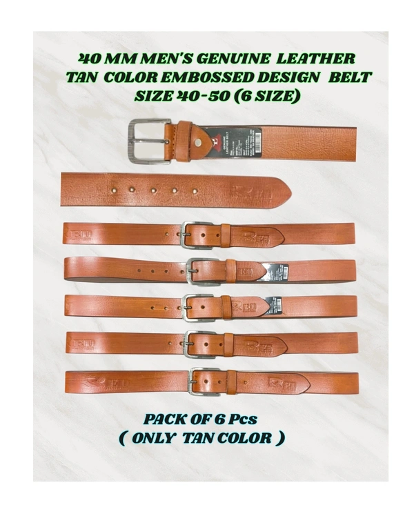 40 MM MENS GENUINE LEATHER TAN COLOR EMBOSSED DESIGN BELT SIZE 40-50(6 SIZE) - FREE, 6