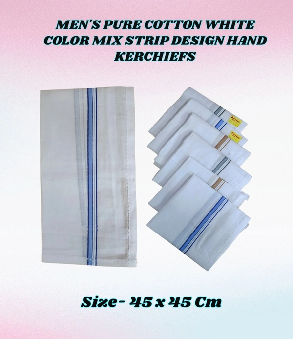 MENS PURE COTTON WHITE COLOR WITH MIX STRIP DESIGN HANDKERCHIEF  - 43*43, 12