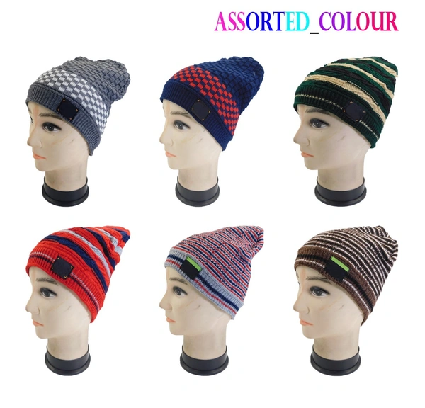 Woolen Half beanie cap with inside furr Mix color pack only - free, 6