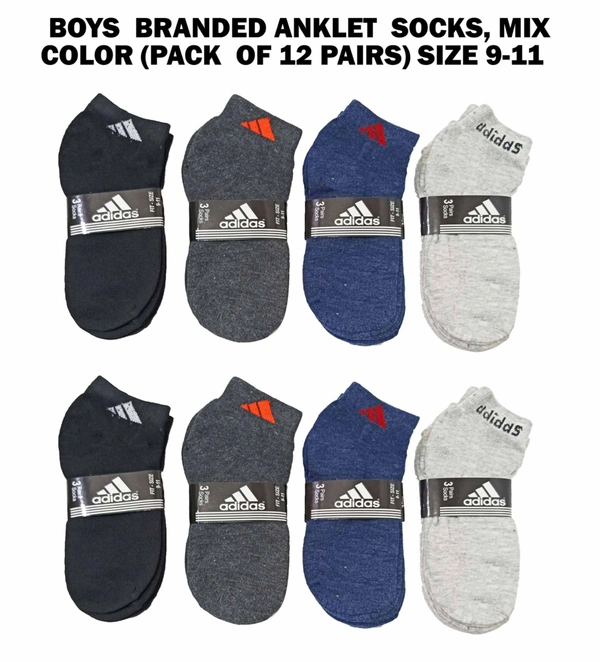 Boys  Branded Anklet  Socks, Mix Color Pack (Pack  Of 12 Pairs) Size 9-11 - 12