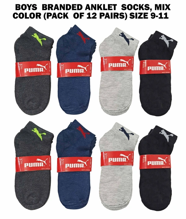Boys  Branded Anklet  Socks, Mix Color Pack (Pack  Of 12 Pairs) Size 9-11 - 12