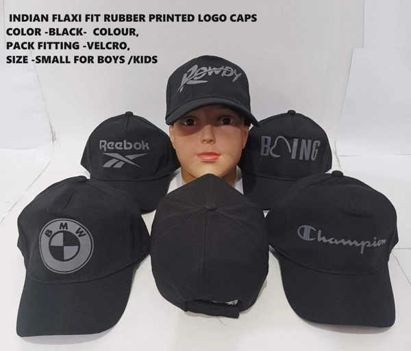 Indian Flaxi Fit Rubber Printed Logo Caps Color -Black-  Colour Pack Fitting -Velcro Size -Small For Boys - 48