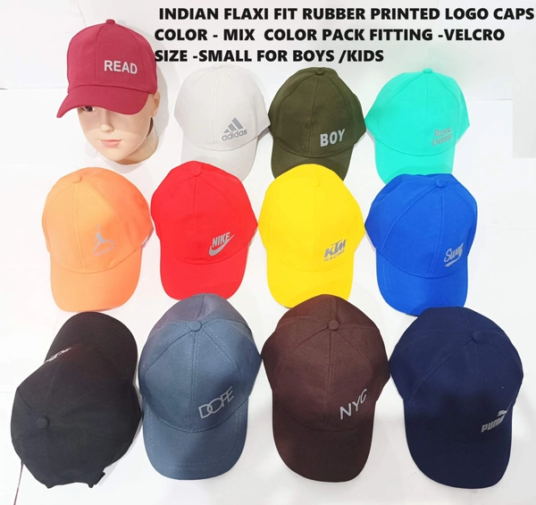 Indian Flaxi Fit Rubber Printed Logo Caps Color - Mix  Color Pack Fitting -Velcro Size -Small For Boys - 24