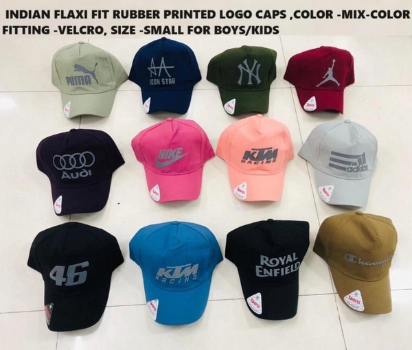 Indian Flaxi Fit Rubber Printed Logo Caps Color -Mix-  Colour Pack Fitting -Velcro Size -Small, For Boys - 120