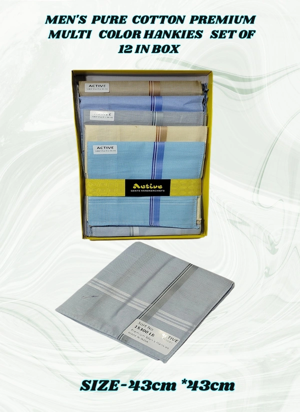 MENS PURE COTTON PREMIUM QUALITY MULTI COLOR HANKIES, SET OF 12 PICES IN BOX, SIZE-43*43 Cm - 43*43, 12