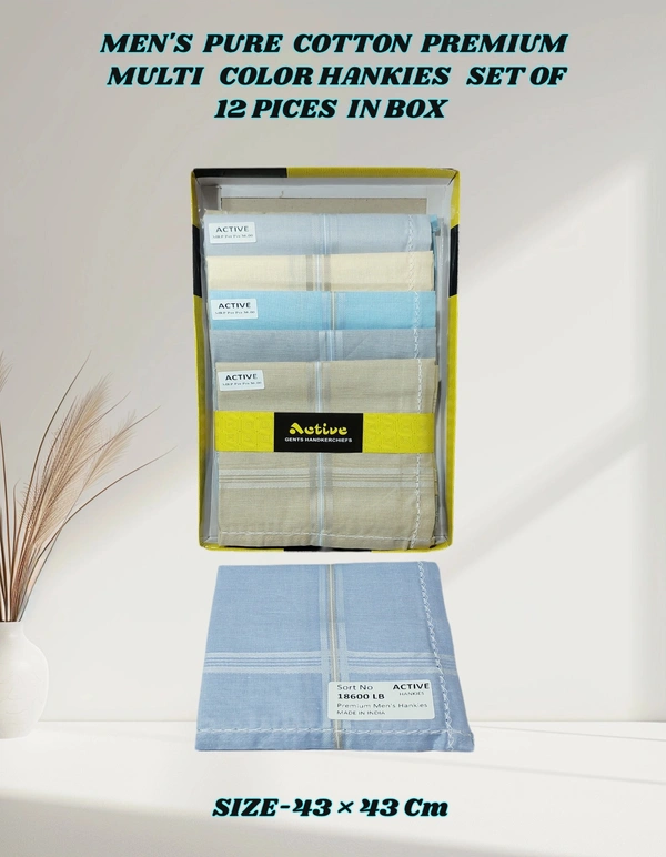 MENS PURE COTTON PREMIUM QUALITY MULTI COLOR HANKIES, SET OF 12 PICES IN BOX, SIZE-43*43 Cm - 43*43, 12