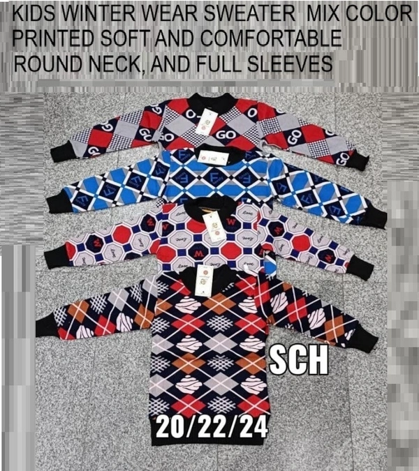 KIDS WINTER WEAR SWEATER MIX COLOR PRINTED SOFT AND COMFORTABLE ROUND NECK AND FULL SLEEVESS SIZE 20  22  24 - 20 , 22, 24, SET OF 6 PIECES