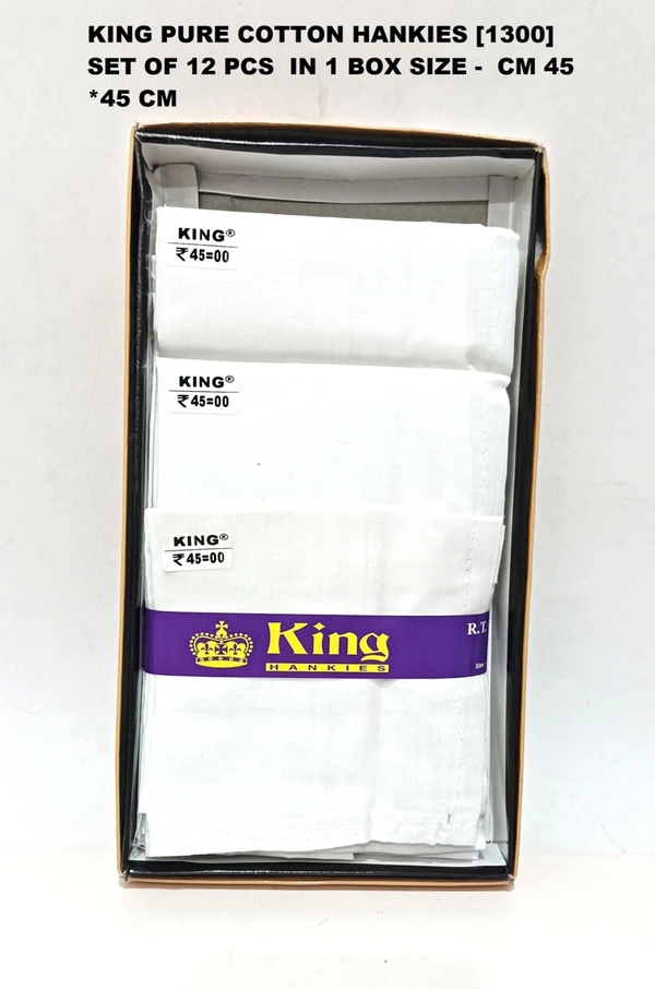 King [1300] Pure Cotton Hankies, Set Of 12 Pcs In One Box, Size - 45*45 Cm - 45*45 cm, 12