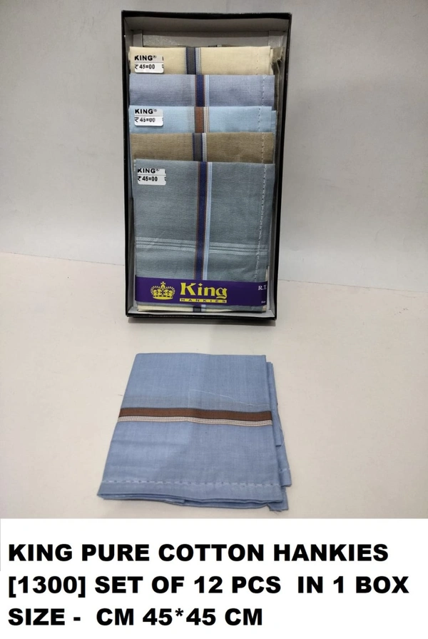 King [1300] Pure Cotton Hankies, Set Of 12 Pcs In One Box, Size - 45*45 Cm - 45*45 cm, 12
