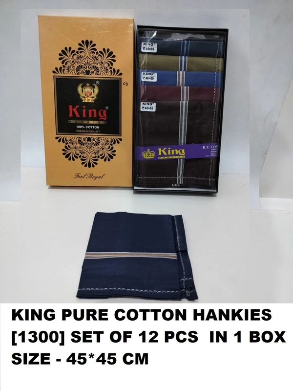 King [1300] Pure Cotton Hankies, Set Of 12 Pcs In One Box, Size - 45*45 Cm - 45*45 cm, 12