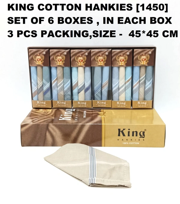King [1450] Cotton Hankies Set Of 6 Boxes , In Each Box 3 Pcs Hankies Packing,Size- 45*45 Cm - 45*45 cm, 18