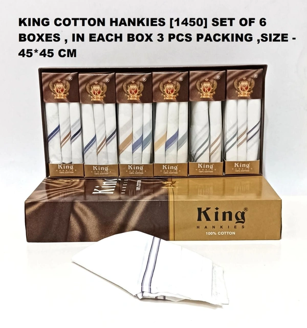 King [1450] Cotton Hankies Set Of 6 Boxes , In Each Box 3 Pcs Hankies Packing,Size- 45*45 Cm - 45*45 cm, 18
