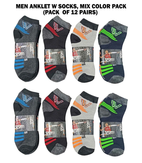 Men Anklet W Socks, Mix Color Pack (Pack  Of 12 Pairs) - 12