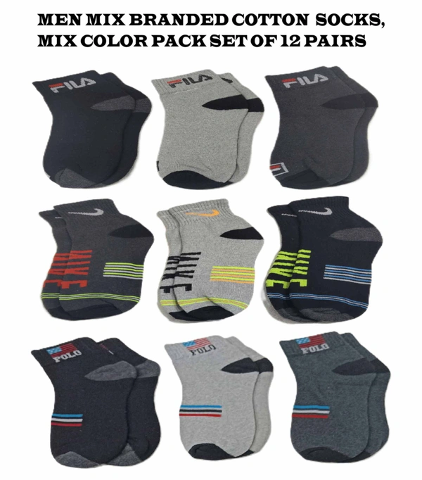 Men Mix Branded Cotton  Socks, Mix Color Pack Set Of 12 Pairs - 12