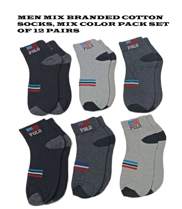 Men Mix Branded Cotton  Socks, Mix Color Pack Set Of 12 Pairs - 12