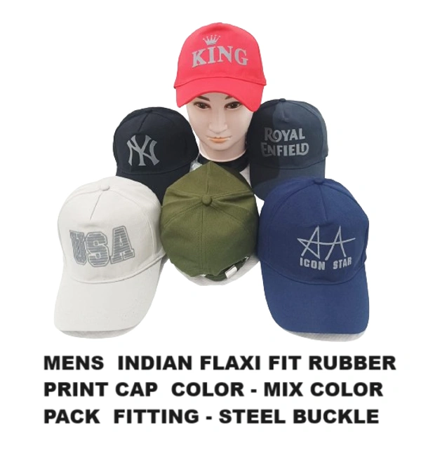 Mens  Indian Flaxi Fit Rubber Print Cap  Color - Mix Color Pack  Fitting - Steel Buckle - 12