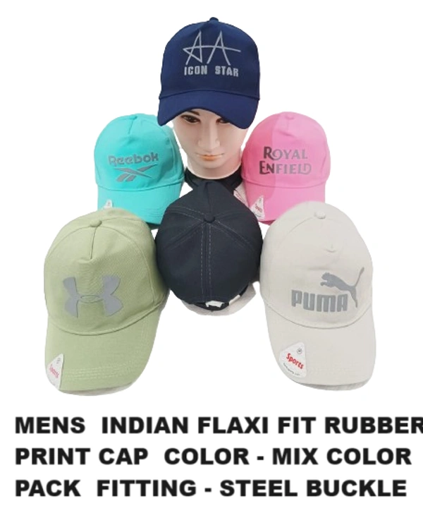 Mens  Indian Flaxi Fit Rubber Print Cap  Color - Mix Color Pack  Fitting - Steel Buckle - 6