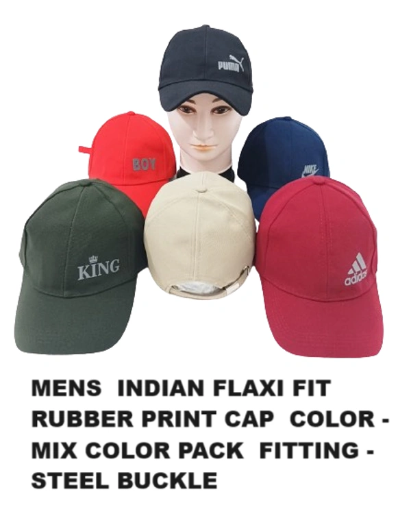 Mens  Indian Flaxi Fit Rubber Print Cap  Color - Mix Color Pack  Fitting - Steel Buckle - 12