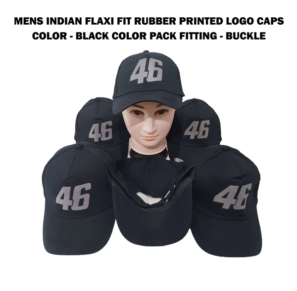 Mens Indian Flaxi Fit Rubber Printed Logo Caps Color - Black Color Pack Fitting - Buckle - 6
