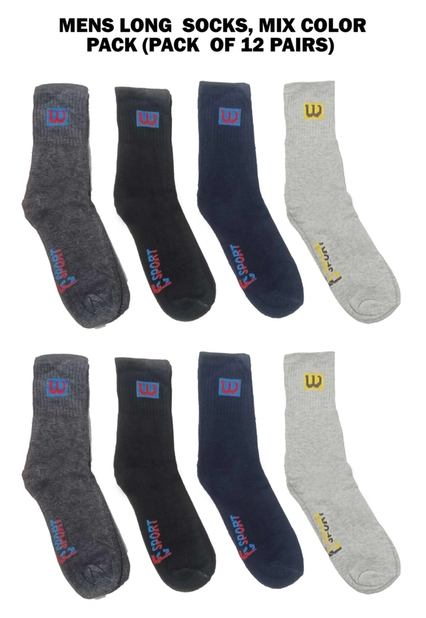 Mens Long  Socks, Mix Color Pack (Pack  Of 12 Pairs) - 12