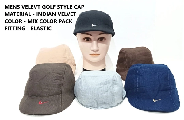 Mens Velevt Golf Style Cap Material - Indian Velvet Color - Mix Color Pack Fitting - Elastic - 120