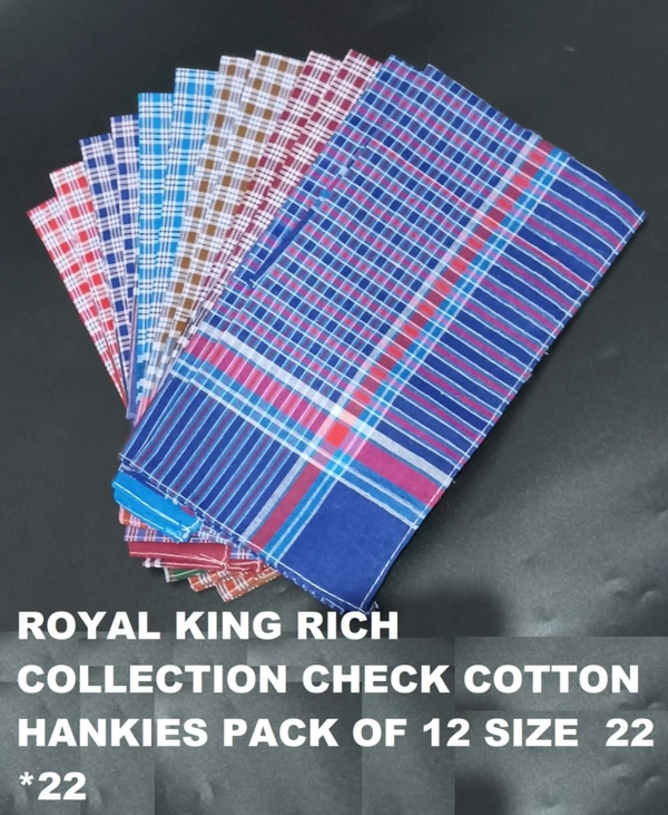 Royal King Rich Collection Check Cotton  Hankies Pack Of 12 Size  22*22 - 22*22 cm, 12