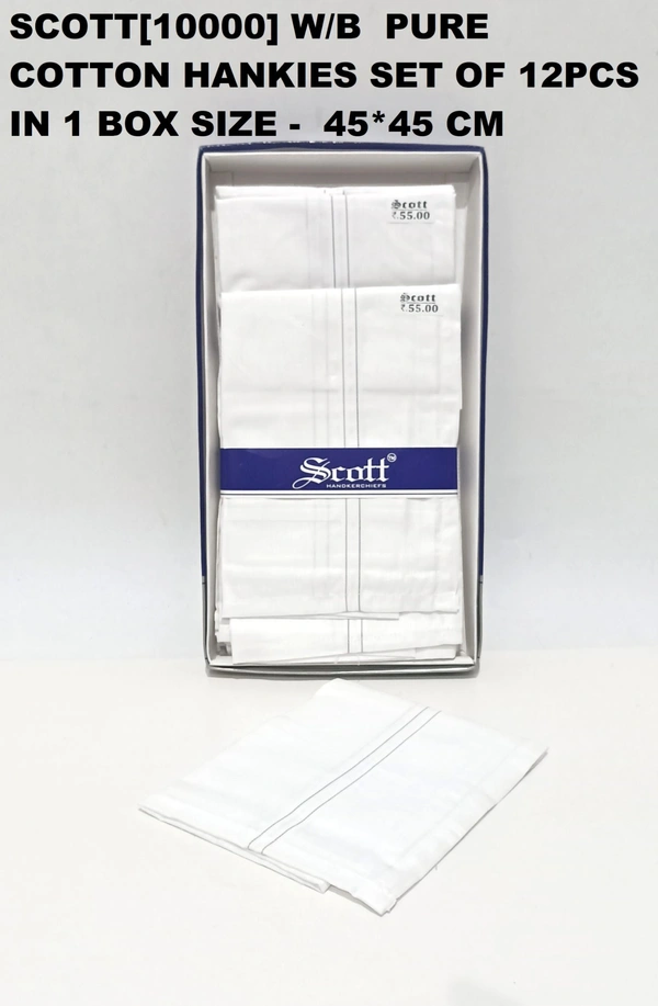 Scott[10000] W/B  Pure Cotton Hankies Set Of 12Pcs In 1 Box Size -  45*45 Cm - 45*45 cm, 12