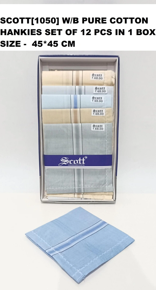 Scott[1050] W/B Pure Cotton  Hankies Set Of 12 Pcs In 1 Box Size -  45*45 Cm - 45*45 cm, 12
