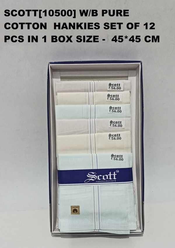 Scott[10500] W/B Pure Cotton  Hankies Set Of 12 Pcs In 1 Box Size -  45*45 Cm - 45*45 cm, 12