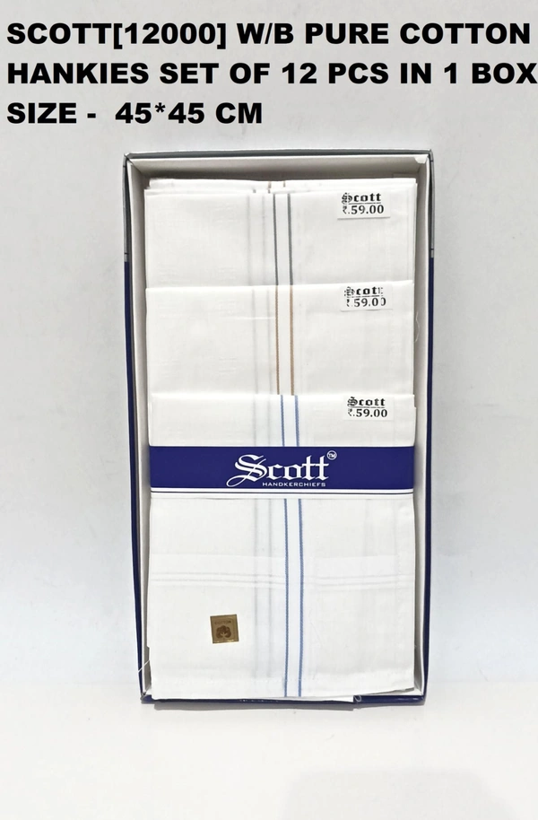 Scott[12000] W/B Pure Cotton  Hankies Set Of 12 Pcs In 1 Box Size -  45*45 Cm - 45*45 cm, 12