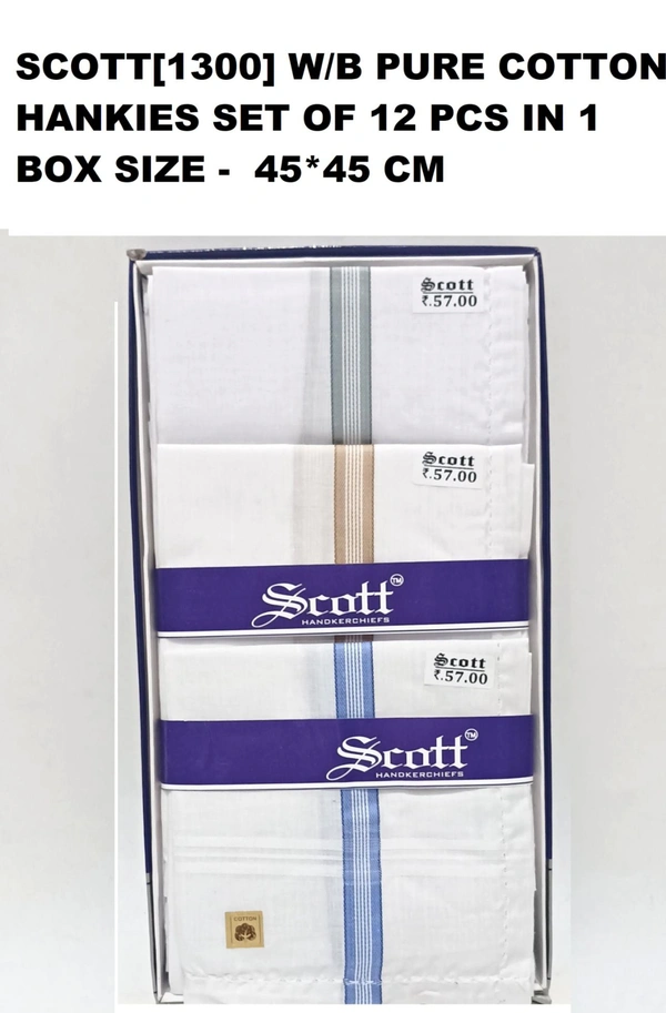 Scott[1300] W/B Pure Cotton  Hankies Set Of 12 Pcs In 1 Box Size -  45*45 Cm - 45*45 cm, 12