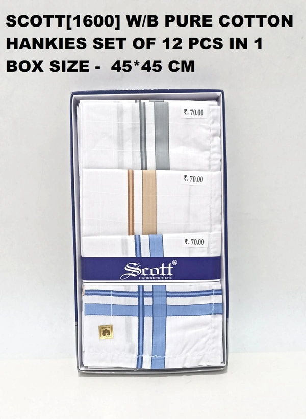 Scott[1600] W/B Pure Cotton  Hankies Set Of 12 Pcs In 1 Box Size -  45*45 Cm - 45*45 cm, 12