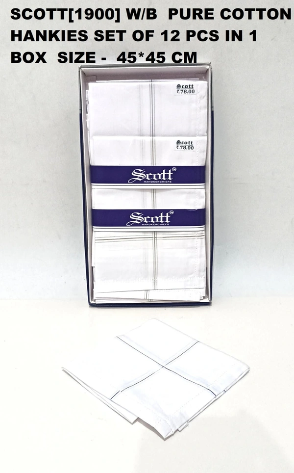 Scott[1900] W/B  Pure Cotton Hankies Set Of 12 Pcs In 1 Box  Size -  45*45 Cm - 45*45 cm, 12
