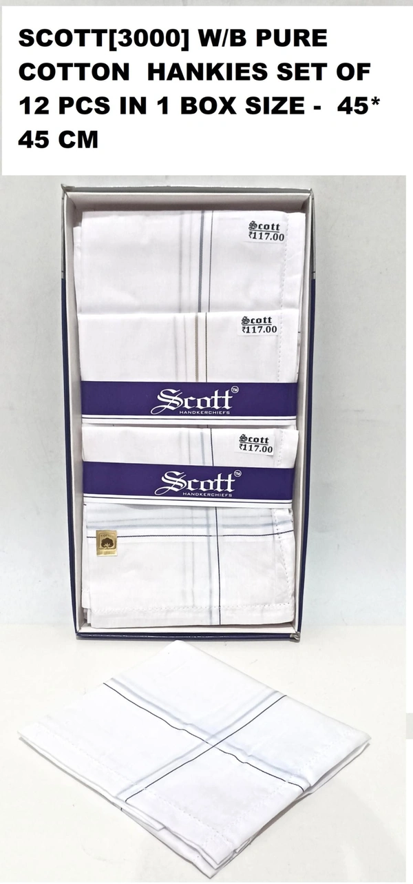 Scott[3000] W/B Pure Cotton  Hankies Set Of 12 Pcs In 1 Box Size -  45*45 Cm - 45*45 cm, 12