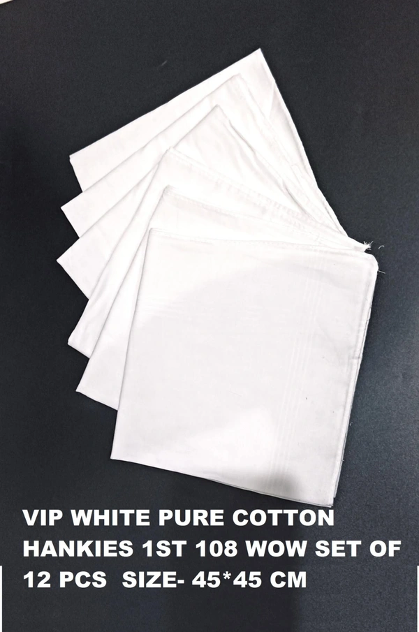 Vip White Pure Cotton Hankies 1St 108 Wow Set Of 12 Pcs  Size- 45*45 Cm - 45*45 cm, 12