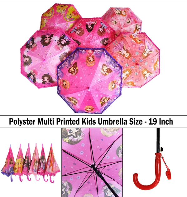 SINGLE FOLD FRILL DISIGN MIX COLOR  CARTOON PRINTED AUTO OPEN KIDS UMBRELLA SIZE-19 INCH - FREE, 6