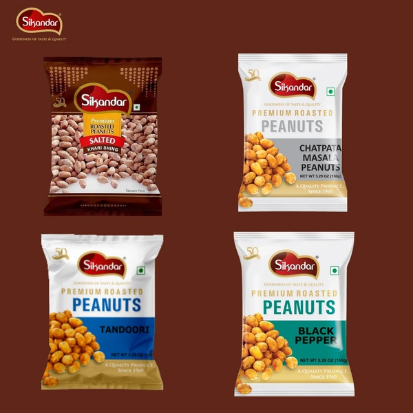 Sikandar Combo of Roasted Salted Peanuts with Husk, Chatpata Masala, Tandoori and Black Pepper - Vacuum Pack + Foil Pack