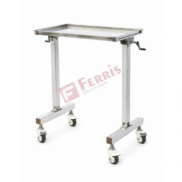 Ferris Mayo’s Trolley Double Stand with Gear (FHF-024A) - Tray Size: 910mm (L) × 500mm (W), Polished Stainless Steel (SS) Finish, Not Applicable (Medical Equipment Trolley), Mayo’s Trolley Double Stand with Gear
