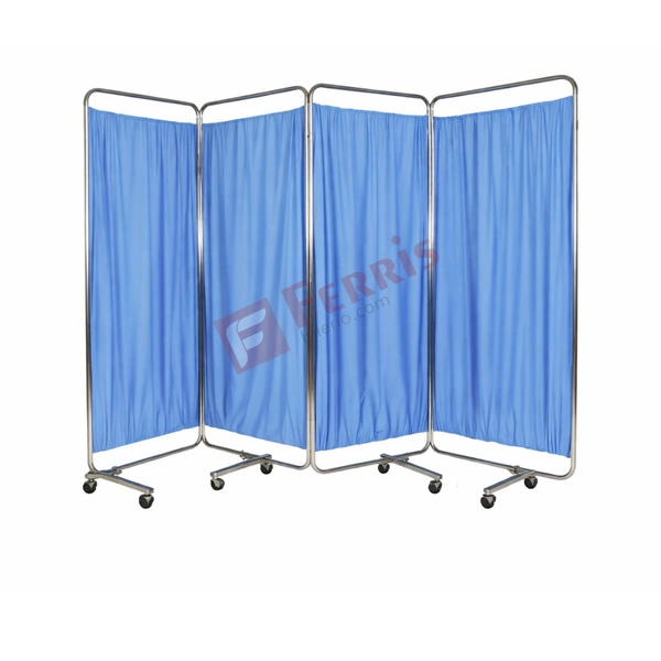 Ferris Bedside Screen (FHF-032) - 66" (H) × 96" (L), White Frame with Blue Curtains, Epoxy Powder Coated Frame, Not Applicable (Privacy Equipment)