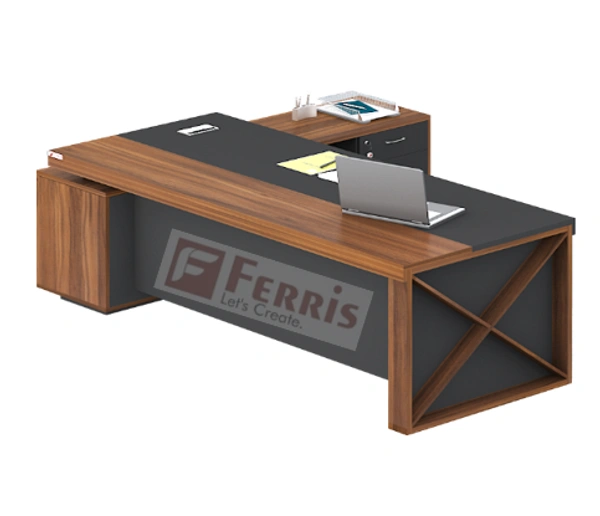 Ferris OFFICE TABLE WITH FIX SIDE UNIT PT1-03 - 2500x2100x750 MM., Teak,Grey,