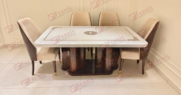 Ferris Luxury 6 Seater Dining Table Set with Marble Top & PU Finish – Bent Ply Structure | Premium Wooden Chairs