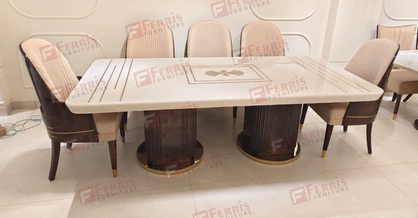 Ferris 8 Seater Luxury Dining Table Set with Marble Top & PU Finish – Grand Bent Ply Base, Cushioned Chairs