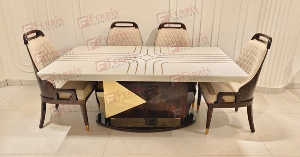 Ferris 6 Seater Luxury Dining Set with Italian Marble Top & High Gloss PU Base – Stylish Chairs for Home & Hotel Use