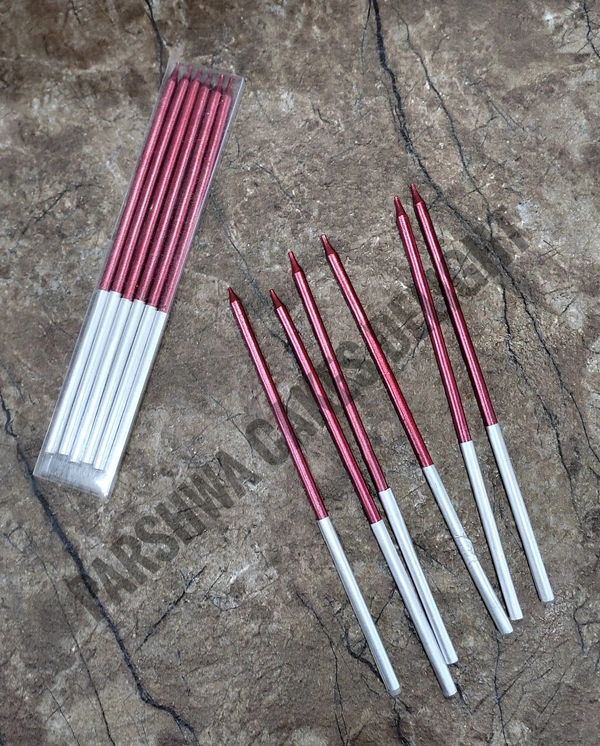METALLIC THIN CANDLES WITH BASE STAND - RED, 1 PACK OF 6 PCS